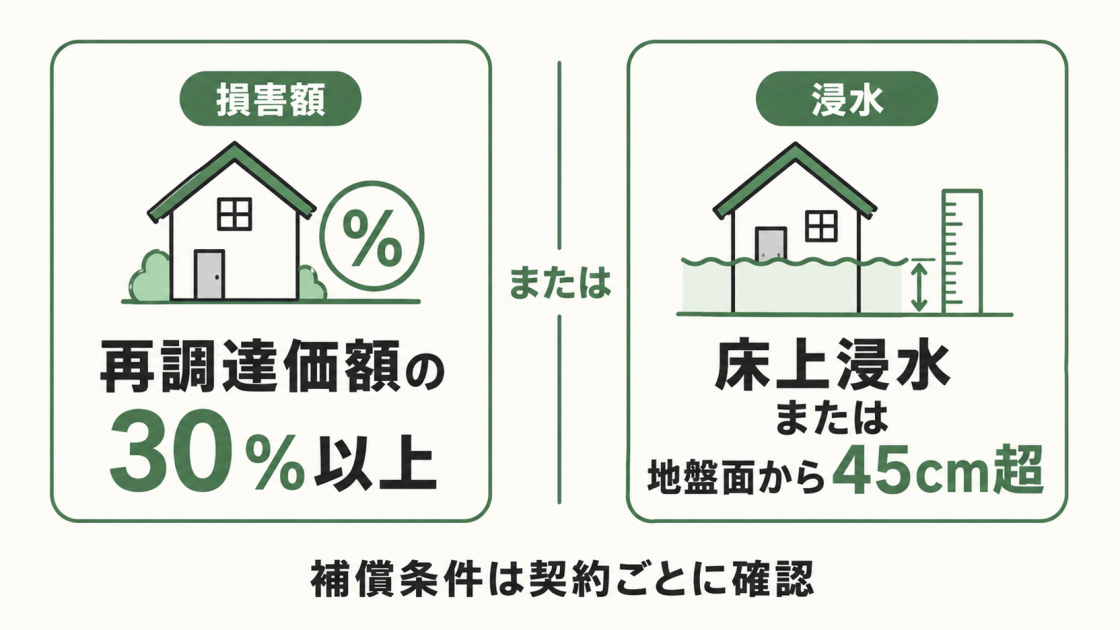水災補償の主な条件例として、再調達価額の30％以上の損害、または床上浸水・地盤面から45cm超の浸水を示し、契約ごとの確認を促す比較図