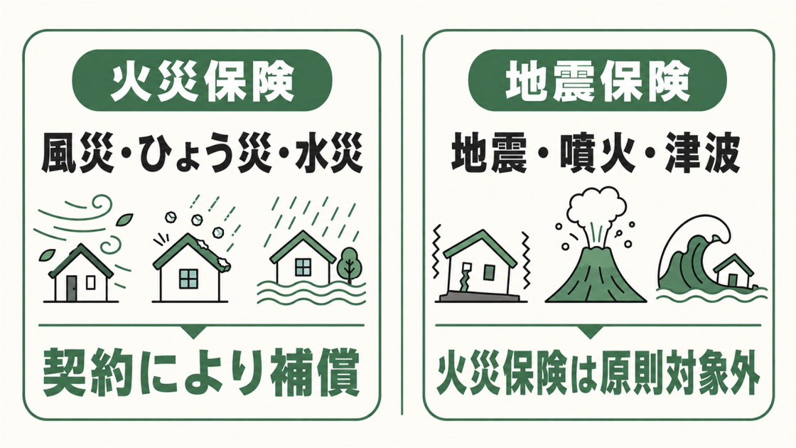 火災保険は契約により風災・ひょう災・水災を補償し、地震・噴火・津波による損害は火災保険では原則対象外で地震保険の対象となることを示す比較図