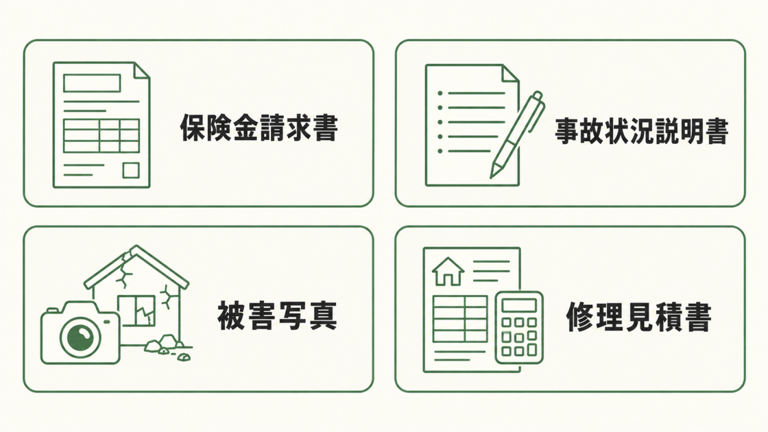 火災保険の申請で一般的に求められる保険金請求書、事故状況説明書、被害写真、修理見積書の4点を示す図解