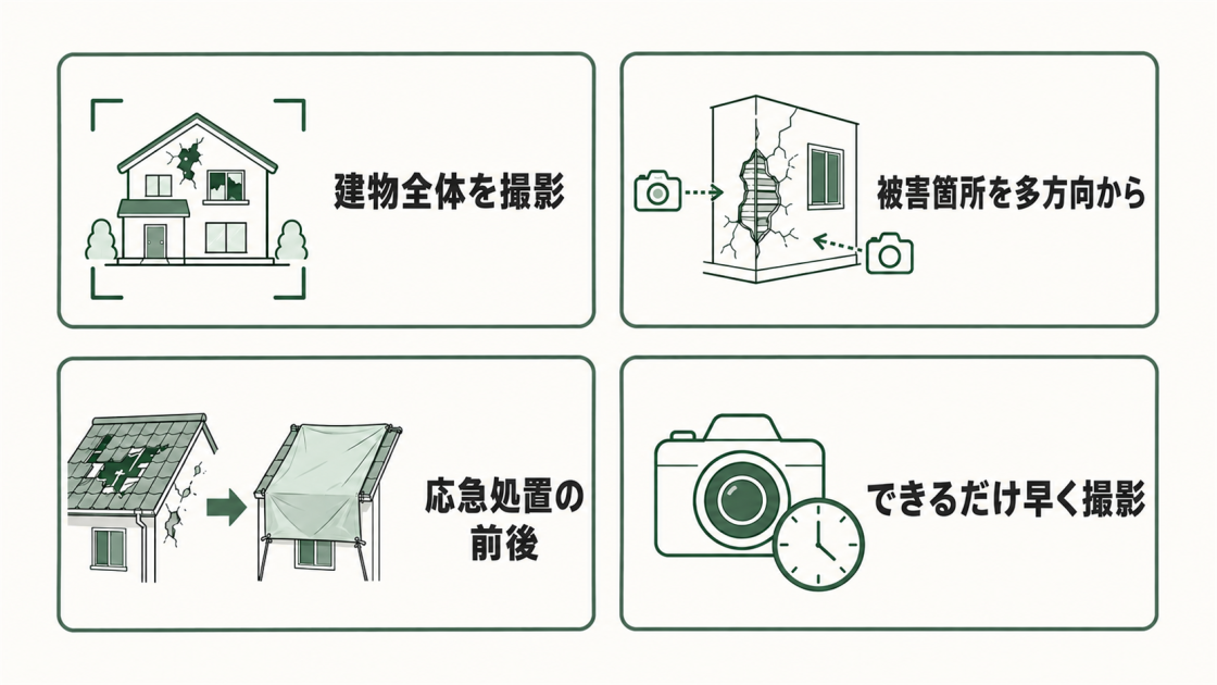 建物全体、被害箇所を多方向、応急処置の前後、できるだけ早い時期という被害写真の4つの撮影ポイントを示す図解