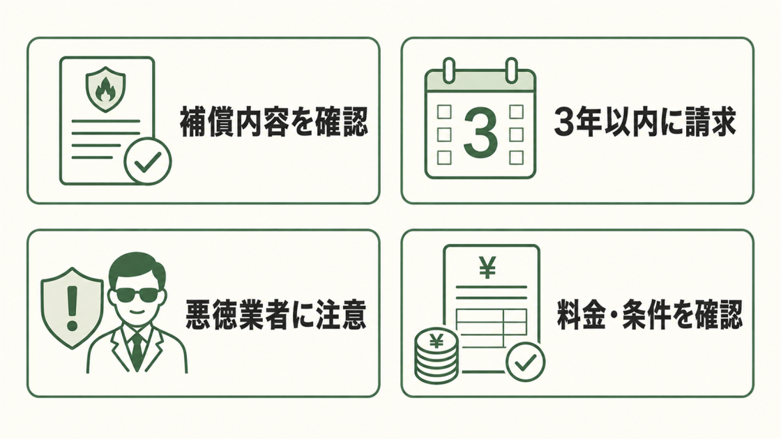 補償内容の確認、3年以内の請求、悪徳業者への注意、調査・見積もりの料金と条件確認という4つの注意点を示す図解