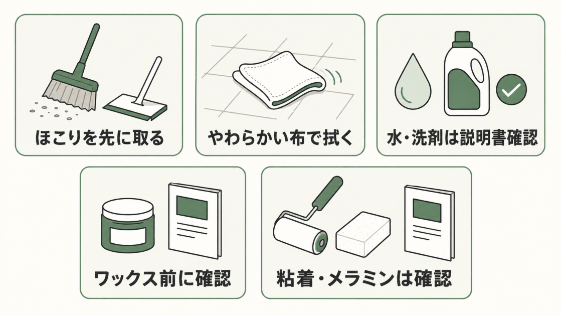 施工後の手入れとして、ほこりを先に取る、やわらかい布で拭く、水や洗剤は説明書を確認する、ワックス前に確認する、粘着クリーナーやメラミンスポンジは確認するという5点を示した図