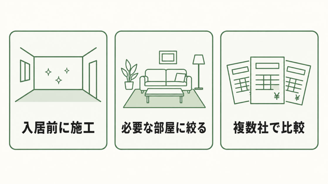 フロアコーティング費用を抑える方法として、入居前に施工する、必要な部屋に絞る、複数社で比較するという3つのコツを示した図