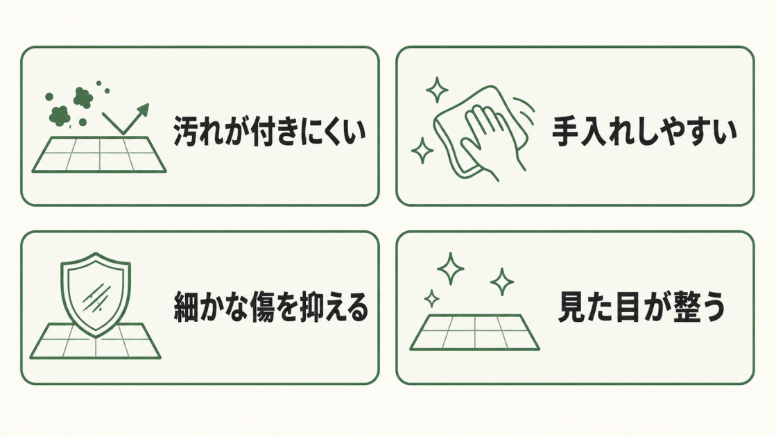 フロアコーティングのメリットとして、汚れが付きにくい、手入れしやすい、細かな傷を抑える、見た目が整うという4点を示した図