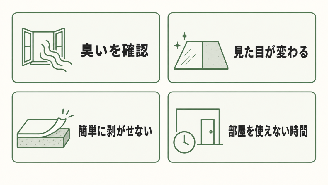 フロアコーティング前の注意点として、臭いの確認、見た目の変化、簡単に剥がせないこと、部屋を使えない時間の4点を示した図