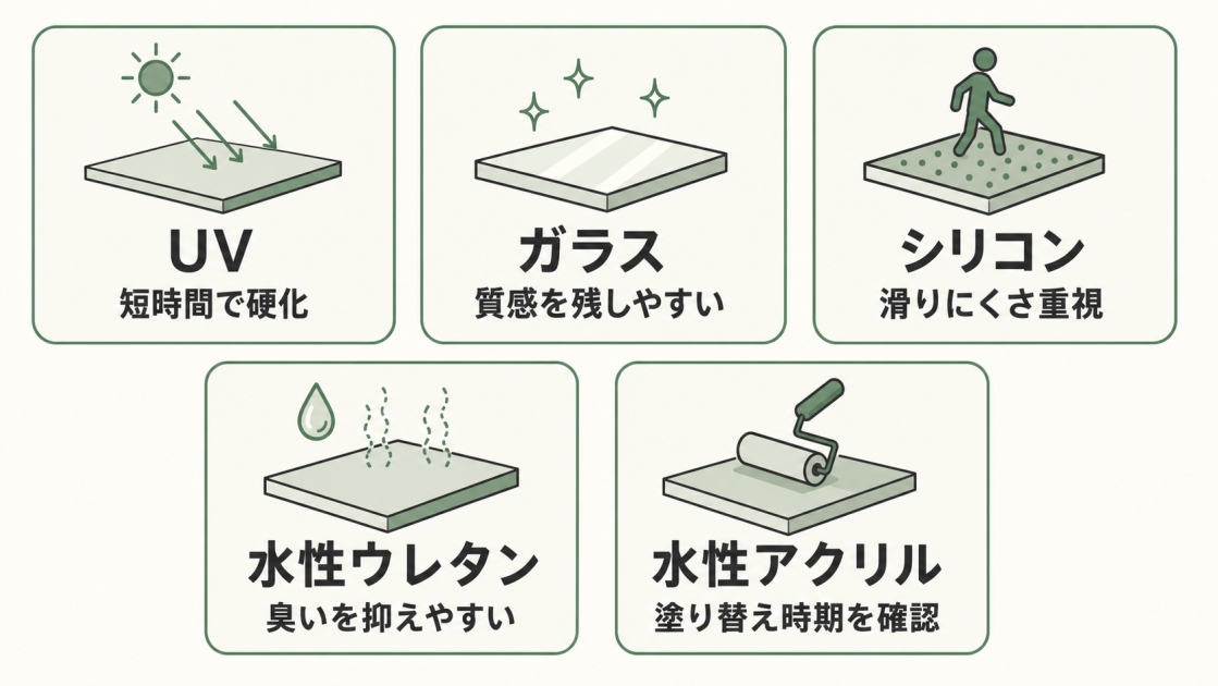 UVは短時間で硬化、ガラスは質感を残しやすい、シリコンは滑りにくさ重視、水性ウレタンは臭いを抑えやすい、水性アクリルは塗り替え時期を確認するという特徴を示した図