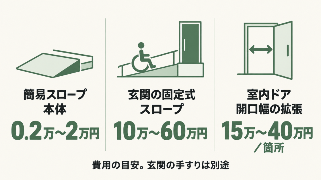 簡易スロープ本体は0.2万〜2万円、玄関の固定式スロープは10万〜60万円、室内ドアの開口幅拡張は1箇所15万〜40万円が目安。玄関の手すりは別途。