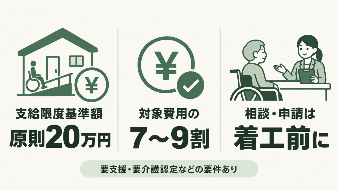 介護保険の住宅改修費は支給限度基準額が原則20万円で、対象費用の7〜9割を給付。着工前の相談・申請が必要で、要支援・要介護認定などの要件がある。