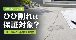 「外構コンクリート ひび割れは保証対象？0.3mmの基準を解説」の文字と、ひび割れに当てたクラックスケール、保証書