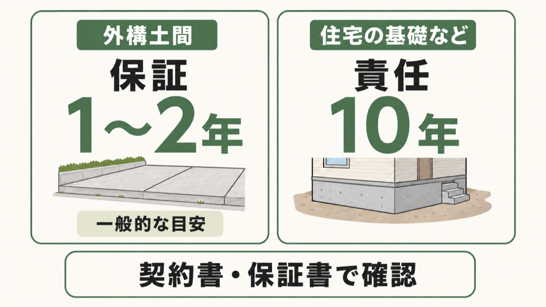 外構土間の保証は一般的に1〜2年が目安で、住宅の基礎などは10年責任となり、契約書・保証書で確認することを示す図解