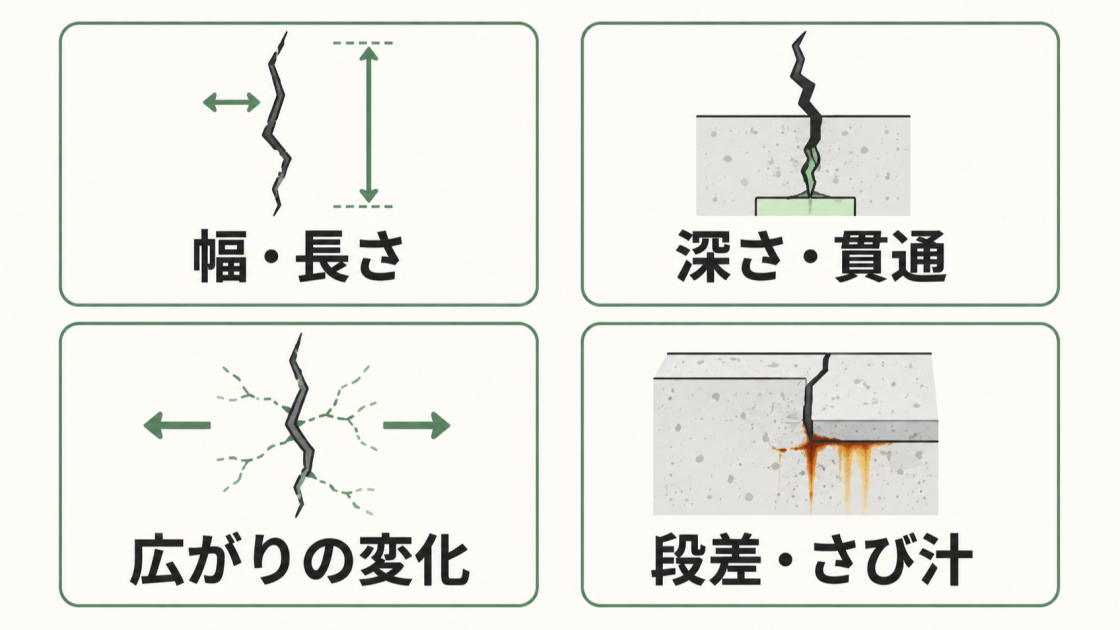 ひび割れの幅・長さ、深さ・貫通、広がりの変化、段差・さび汁を確認する図解