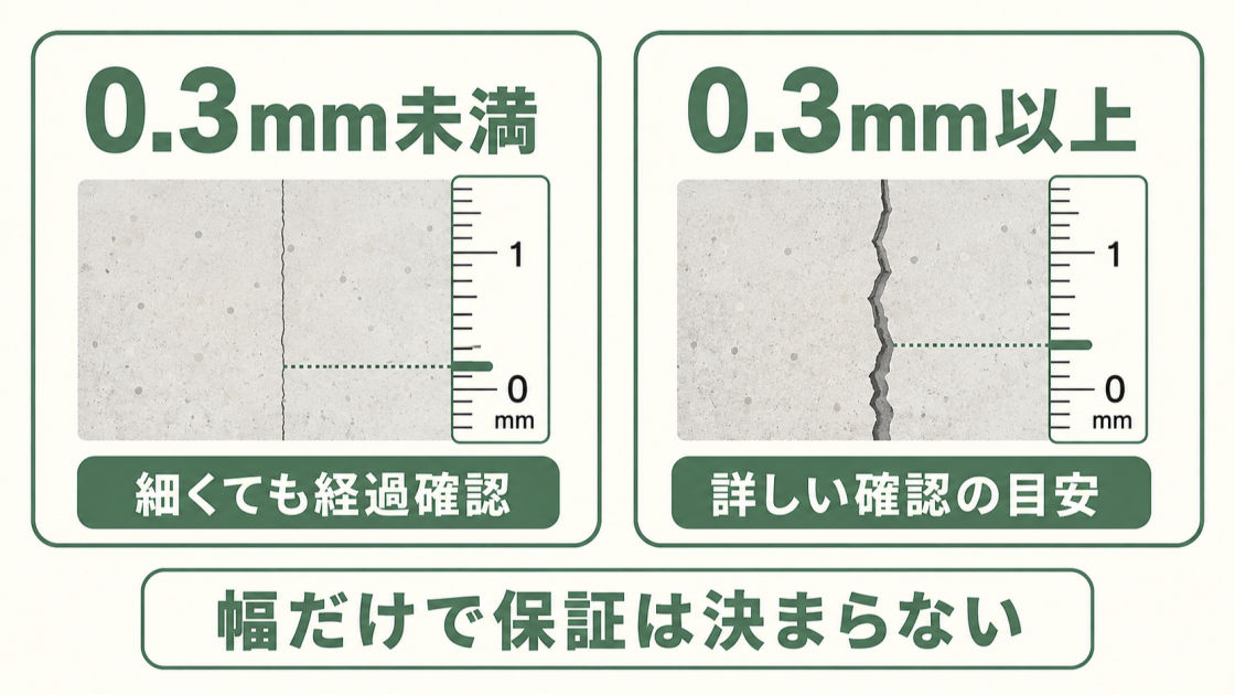 0.3mm未満も経過確認し、0.3mm以上は詳しく確認する目安だが、幅だけで保証は決まらないことを示す図解