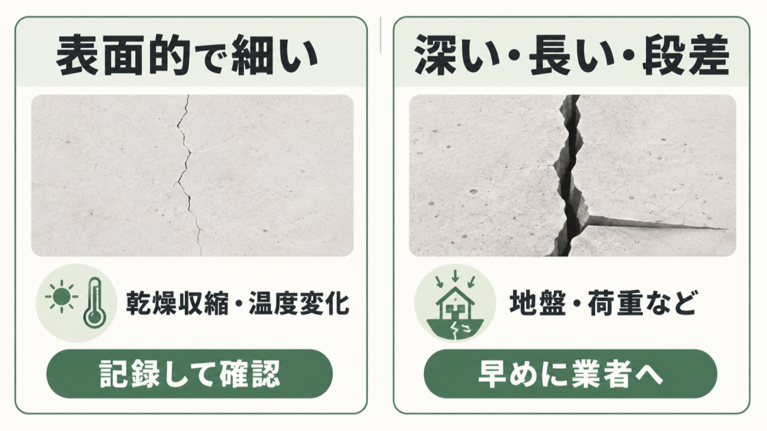 表面的で細いひび割れは乾燥収縮・温度変化が原因になりやすく記録して確認し、深い・長い・段差のあるひび割れは早めに業者へ相談する比較図