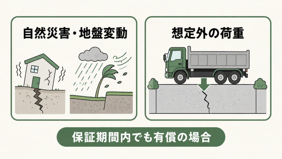 自然災害・地盤変動や想定外の荷重では、保証期間内でも有償対応になる場合があることを示す図解