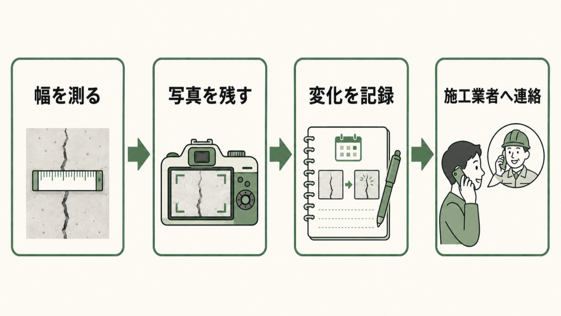 ひび割れの幅を測り、写真を残し、変化を記録して施工業者へ連絡する4ステップの図解