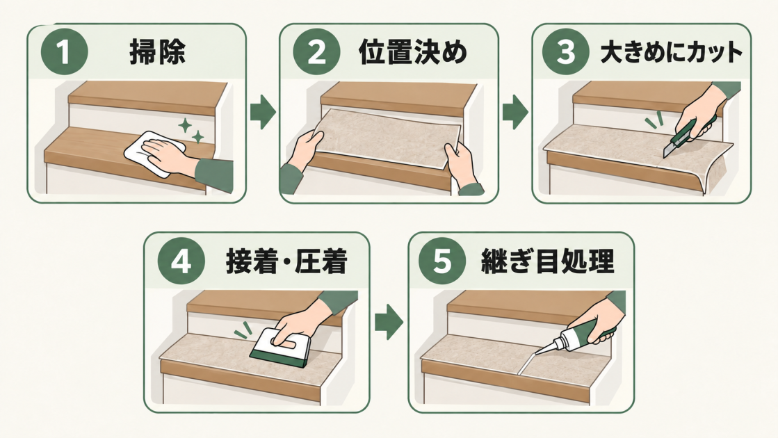 階段の掃除、位置決め、大きめのカット、接着・圧着、継ぎ目処理というクッションフロア施工の5手順