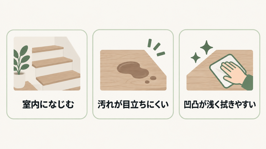 室内になじむデザイン、汚れの目立ちにくさ、凹凸が浅く拭きやすい表面という3つの選び方