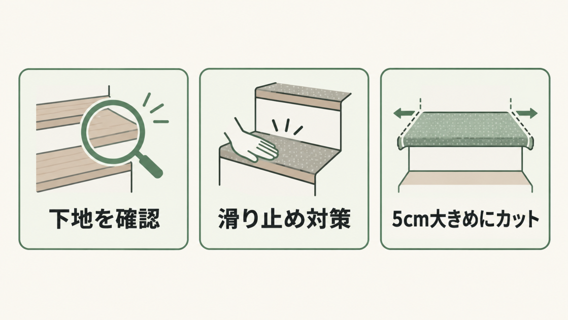 下地の確認、滑り止め対策、実寸より5cm大きめのカットという施工前の3つの注意点