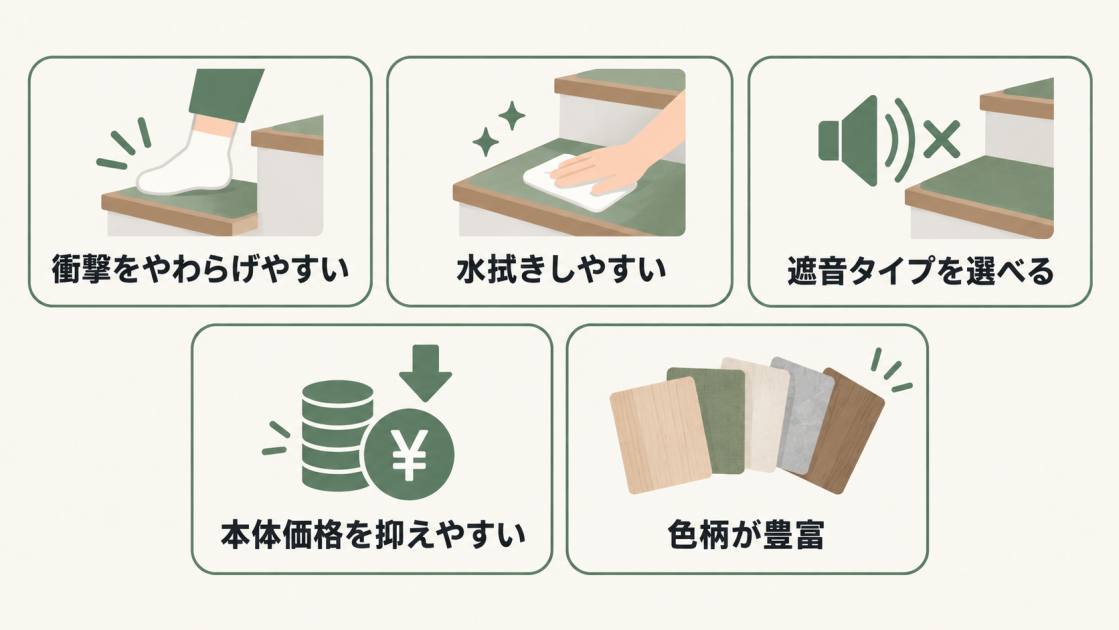 衝撃の緩和、水拭きのしやすさ、遮音タイプ、本体価格、色柄の豊富さというクッションフロアの5つのメリット