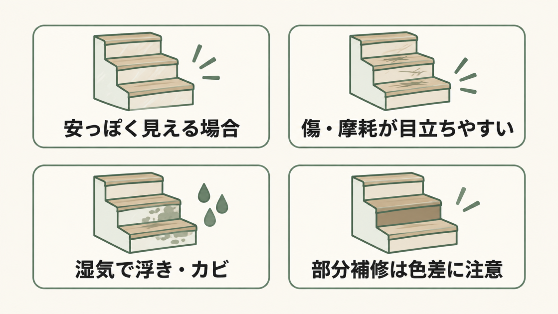 見た目、傷や摩耗、湿気による浮きやカビ、部分補修の色差というクッションフロアの4つの注意点