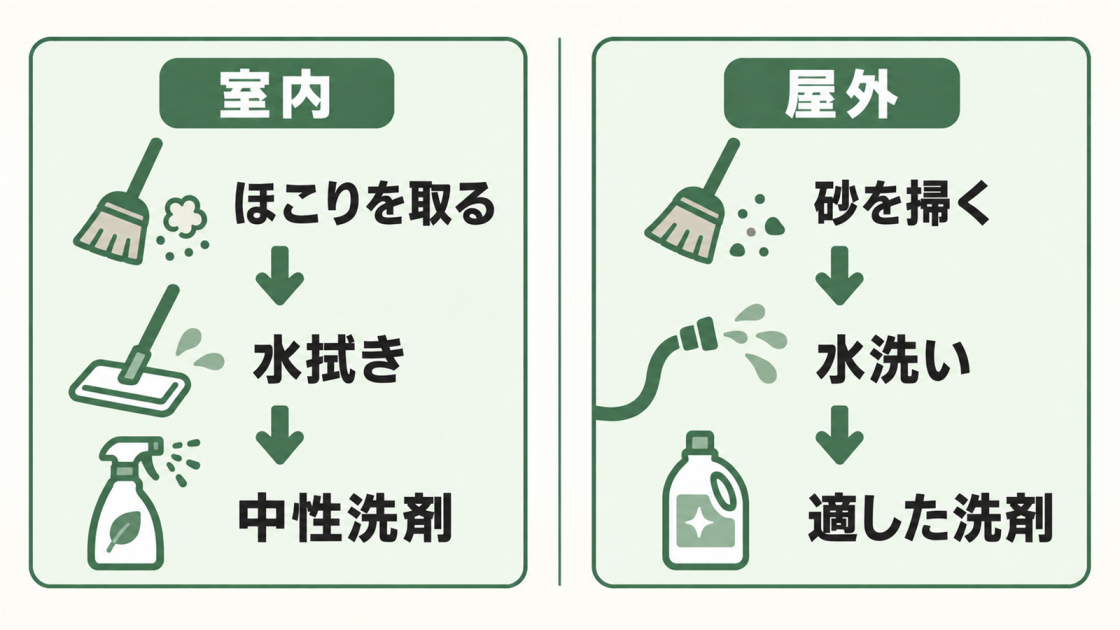 室内はほこり取り、水拭き、中性洗剤、屋外は砂掃き、水洗い、適した洗剤の順で行うタイル床の掃除方法を示した図解
