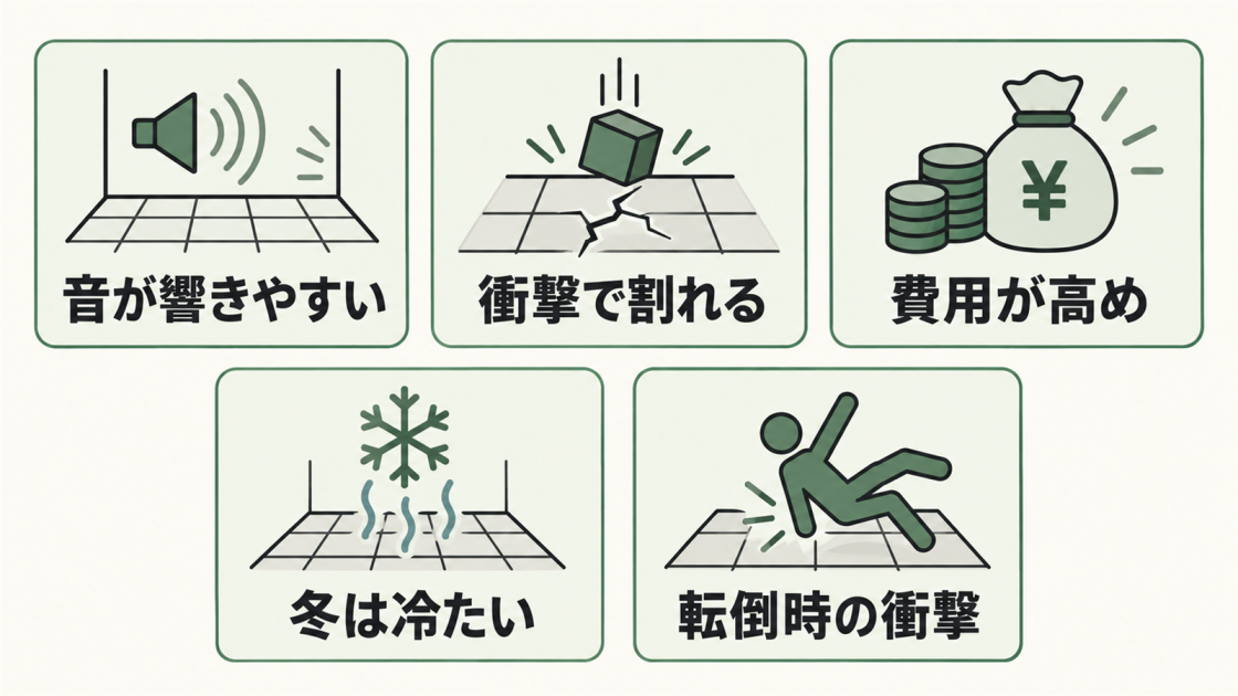 音が響きやすい、衝撃で割れる、費用が高め、冬は冷たい、転倒時の衝撃というタイル床の5つのデメリットを示した図解