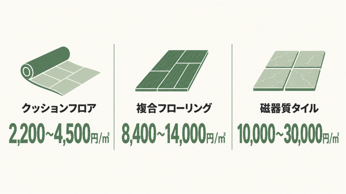 クッションフロア2,200〜4,500円、複合フローリング8,400〜14,000円、磁器質タイル10,000〜30,000円という1㎡あたりの費用相場を比較した図解