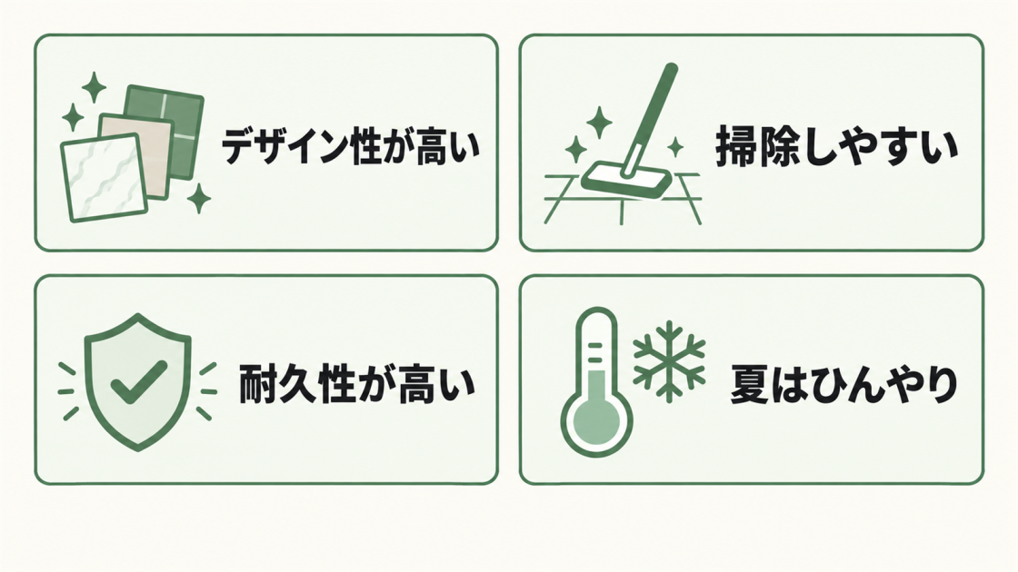デザイン性が高い、掃除しやすい、耐久性が高い、夏はひんやりというタイル床の4つのメリットを示した図解