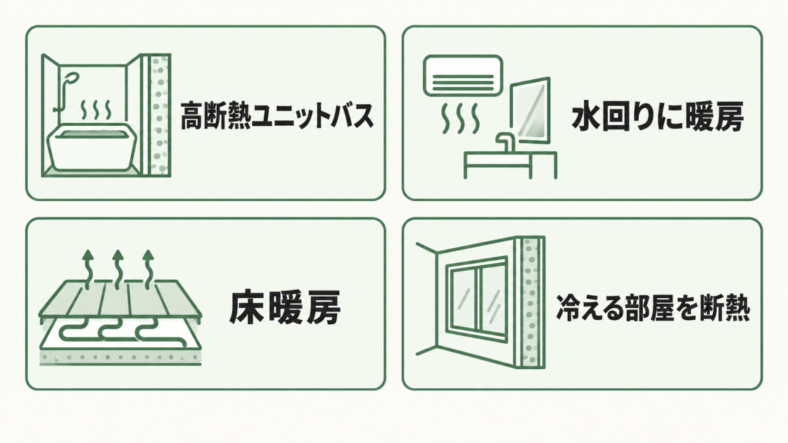 高断熱ユニットバス、水回りの暖房、床暖房、部屋の断熱というヒートショック対策を示す図解