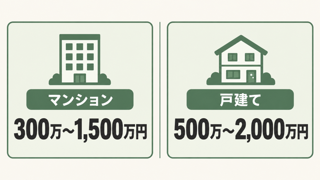マンションは300万〜1,500万円、戸建ては500万〜2,000万円が住まい全体のバリアフリー改修費の目安であることを比較した図解