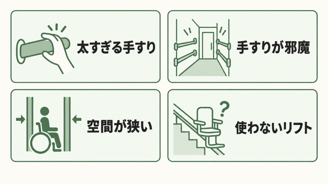 太すぎる手すり、邪魔になる手すり、狭い空間、使わないリフトというバリアフリーリフォームの失敗例を示す図解