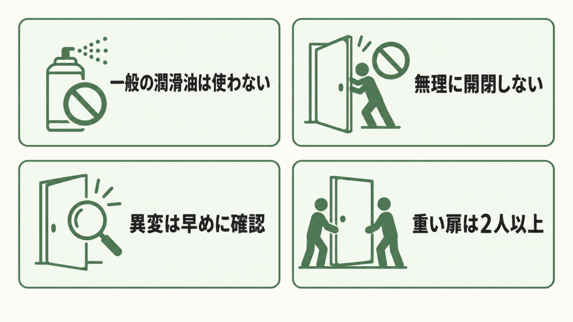 一般の潤滑油を使わない、無理に開閉しない、異変を早めに確認する、重い扉を2人以上で扱う注意点