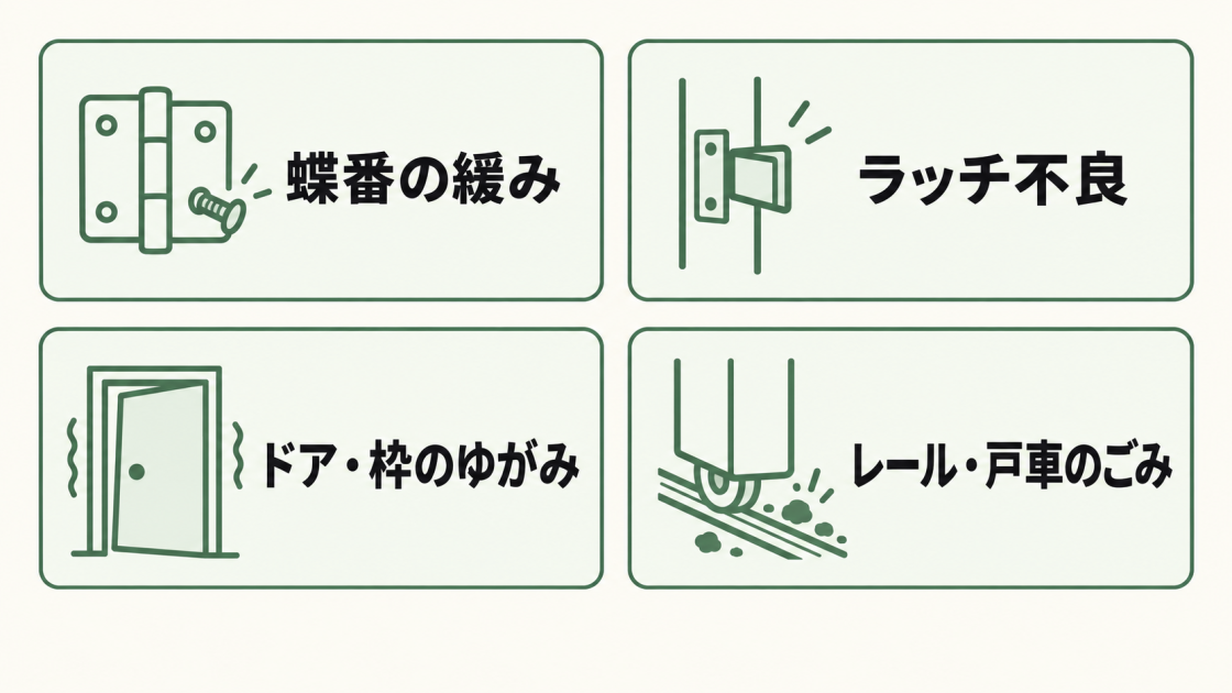蝶番の緩み、ラッチ不良、ドア・枠のゆがみ、レール・戸車のごみという、ドアが閉まらない主な原因4つ
