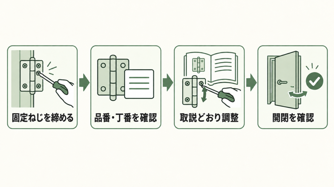 固定ねじを締め、品番・丁番を確認し、取扱説明書どおり調整して開閉を確認する4ステップ