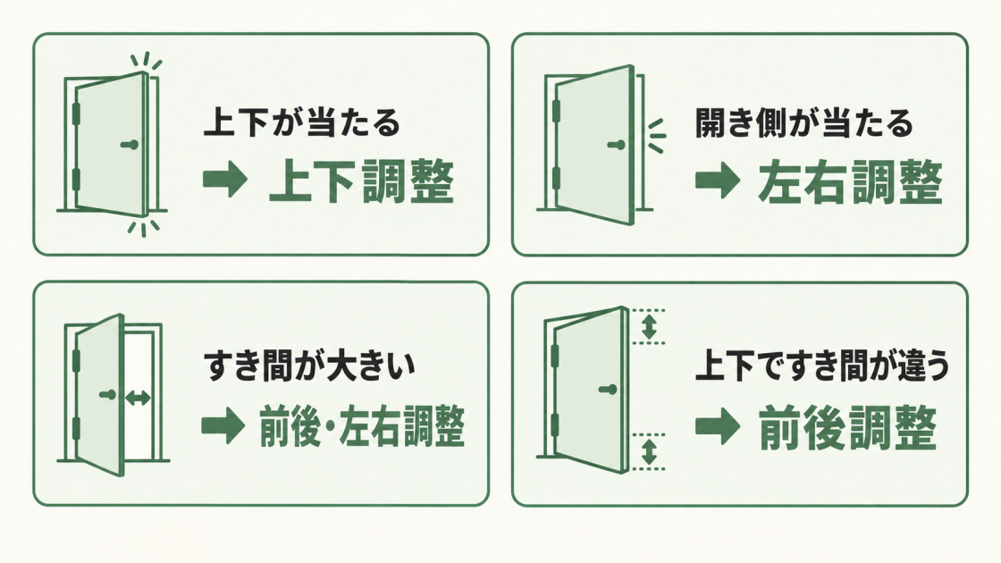 ドアの上下・開き側の接触とすき間の状態に応じて、上下・左右・前後を調整する対応関係