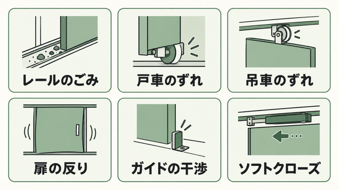 レールのごみ、戸車・吊車のずれ、扉の反り、ガイドの干渉、ソフトクローズを示す引き戸の確認箇所