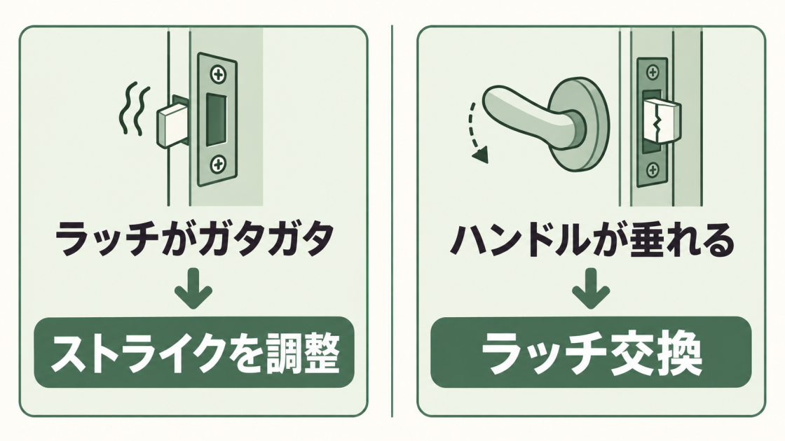 ラッチがガタガタする場合はストライク調整、ハンドルが垂れる場合はラッチ交換を示す対処方法
