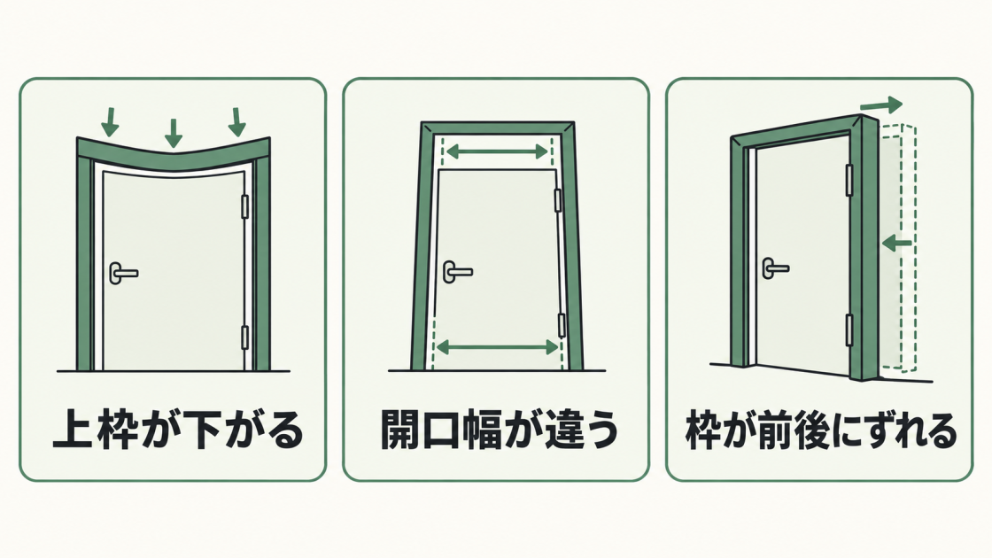 上枠が下がる、開口幅が上下で異なる、枠が前後にずれるドア枠のゆがみ3パターン