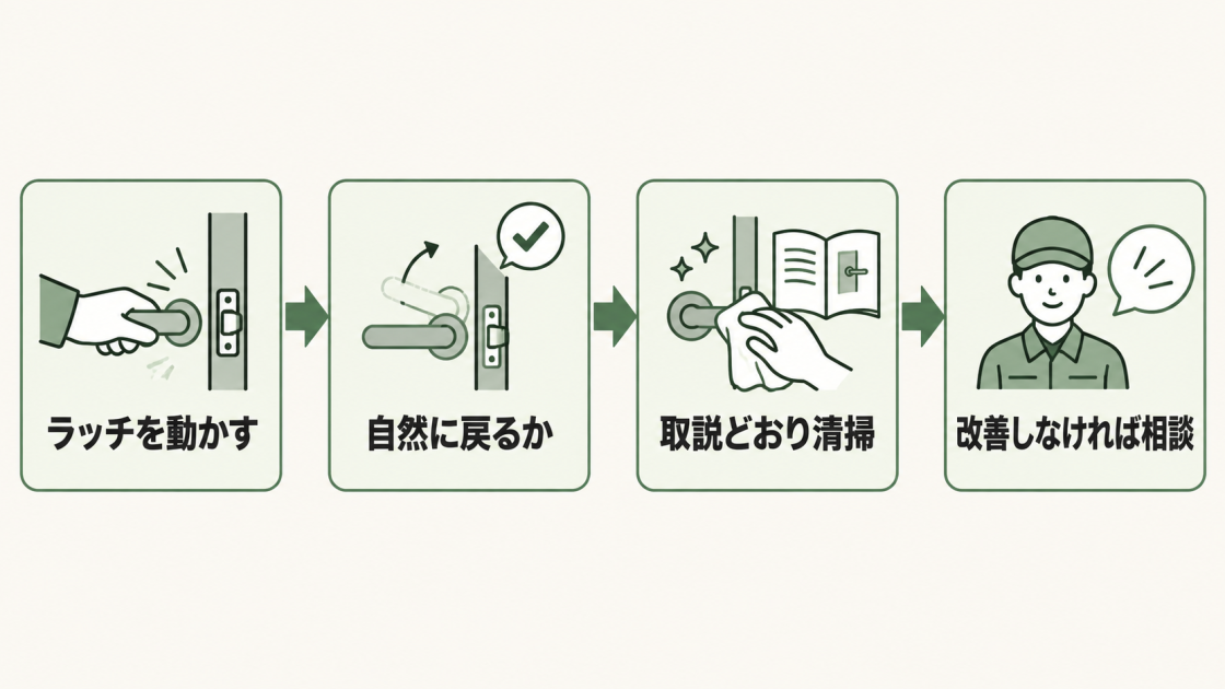 ラッチを動かして自然に戻るか確認し、取扱説明書どおり清掃して改善しなければ相談する流れ