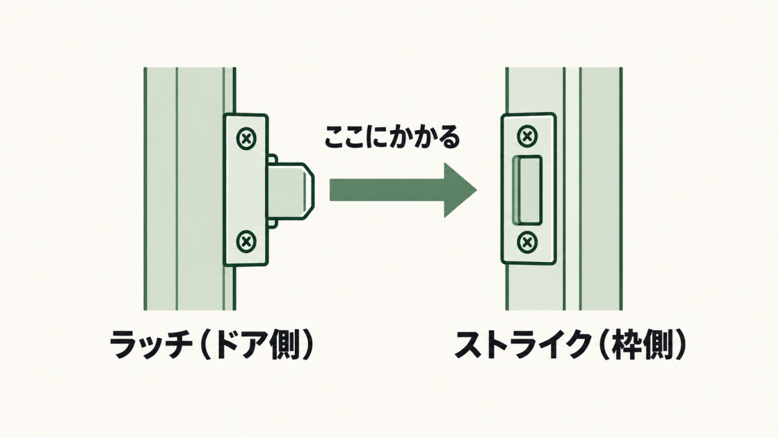 ドア側のラッチが枠側のストライクの開口部にかかる位置関係