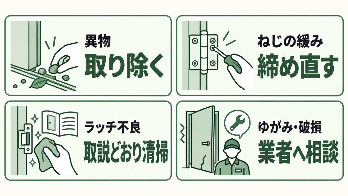異物は取り除く、ねじの緩みは締め直す、ラッチ不良は取扱説明書どおり清掃する、ゆがみ・破損は業者へ相談する対応