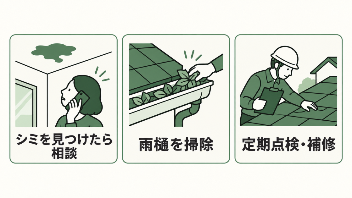 シミを見つけたら相談、雨樋を掃除、定期点検・補修という屋根の雨漏りを悪化させない3つの対策