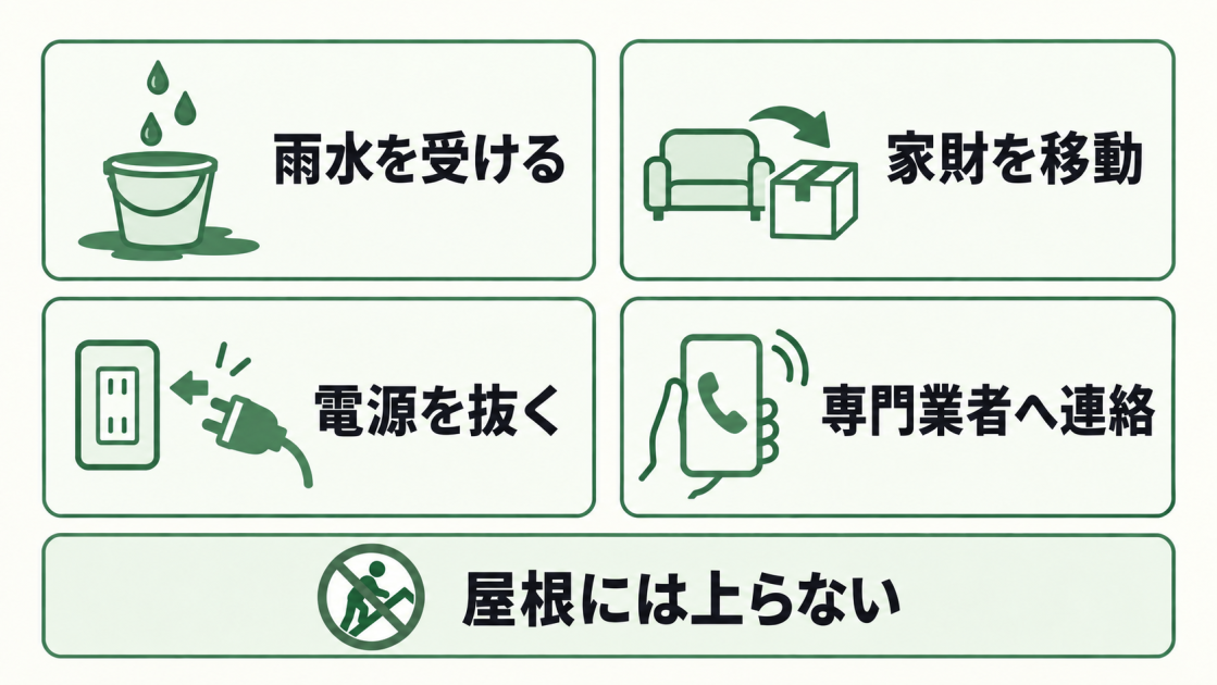 雨水を受ける、家財を移動する、電源を抜く、専門業者へ連絡するという応急処置と、屋根には上らない注意点