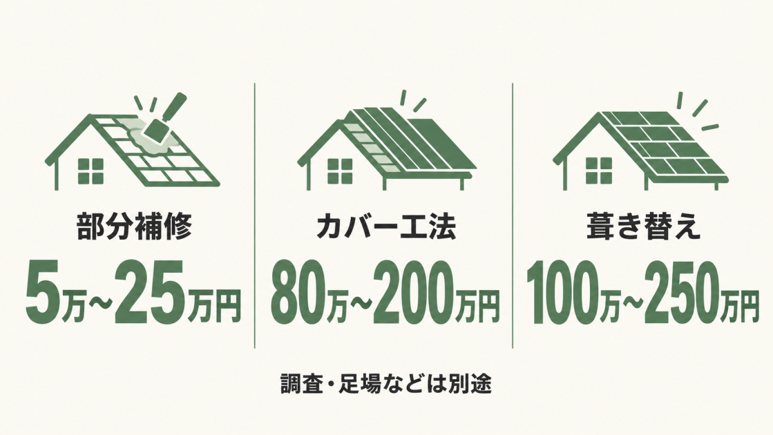 屋根の雨漏り修理費用は部分補修5万〜25万円、カバー工法80万〜200万円、葺き替え100万〜250万円で、調査や足場費は別途