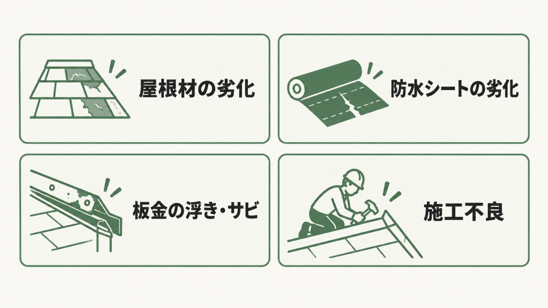 屋根材の劣化、防水シートの劣化、板金の浮き・サビ、施工不良という屋根雨漏りの4つの原因