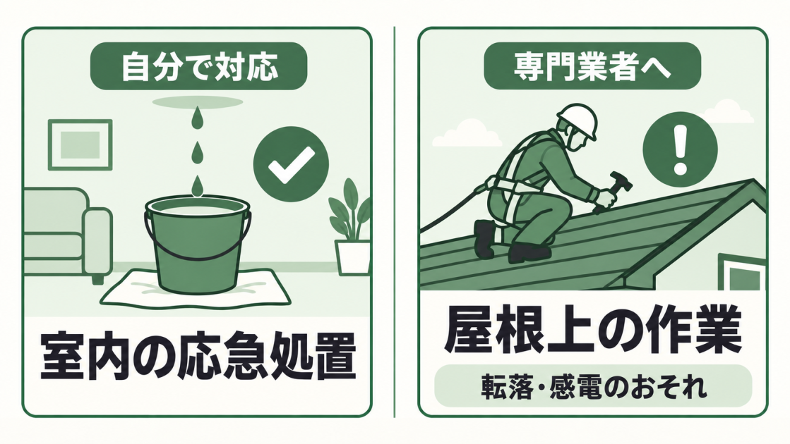 自分で行うのは室内の応急処置にとどめ、転落・感電のおそれがある屋根上の作業は専門業者へ依頼する比較