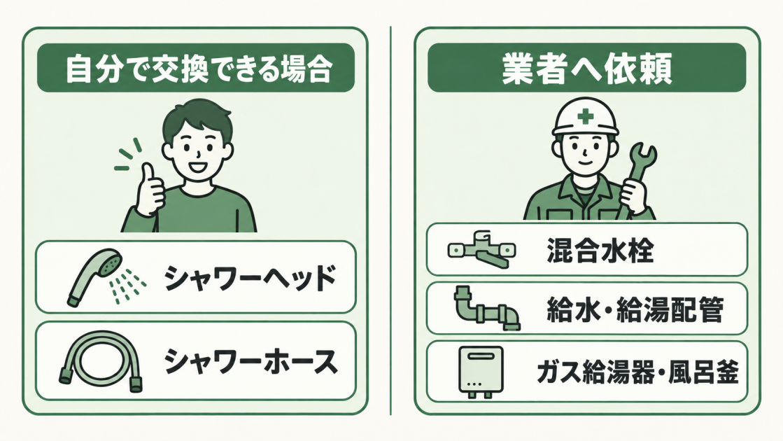 自分で交換できる場合があるシャワーヘッドとホース、業者へ依頼する混合水栓・給水給湯配管・ガス給湯器や風呂釜を左右で比較した図解