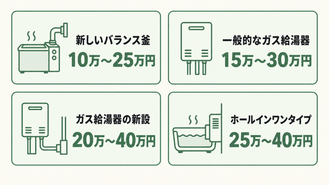 新しいバランス釜は10万～25万円、一般的なガス給湯器への交換は15万～30万円、ガス給湯器の新設は20万～40万円、ホールインワンタイプへの交換は25万～40万円と示した図解