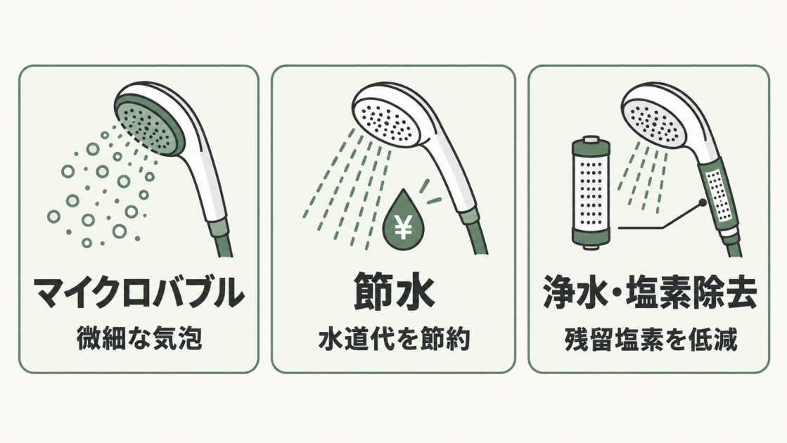 マイクロバブルは微細な気泡、節水タイプは水道代を節約、浄水・塩素除去タイプは残留塩素を低減する特徴を示した図解