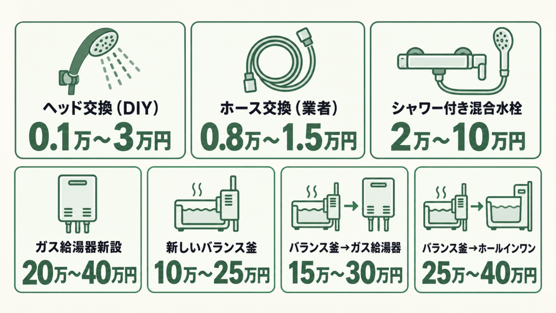 ヘッド交換0.1万～3万円、ホース交換0.8万～1.5万円、混合水栓2万～10万円、ガス給湯器新設20万～40万円、新しいバランス釜10万～25万円、一般ガス給湯器への交換15万～30万円、ホールインワンへの交換25万～40万円を示した図解